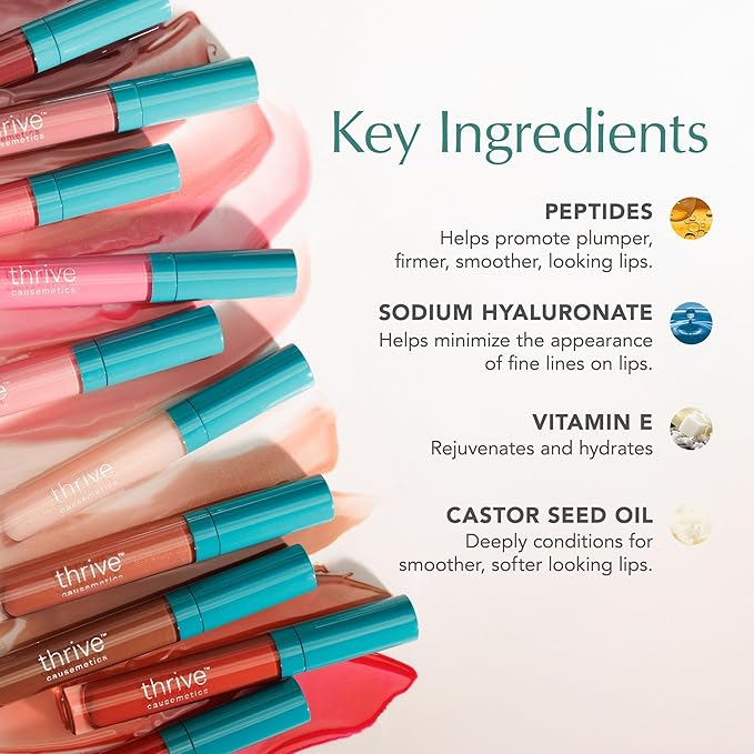 Thrive Causemetics Sheer Strength Lip Plumping Peptide Gloss, Lip Plumper with Vitamin E, Peptides, Plumps, Smooths & Hydrates Lips, High Shine, Vegan & Cruelty Free, Bamby (Pink Golden Shimmer)