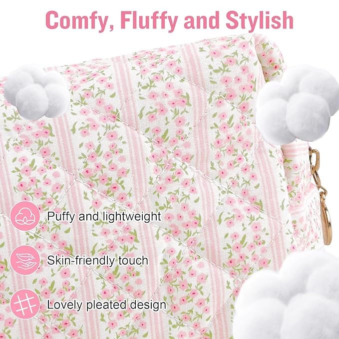Personalized Quilted Cosmetic Bag, Puffy Monogrammed Christmas Birthday Gifts for Women & Girls, Cute initial Floral Makeup Bag Puffer Coquette Bag, Aesthetic Travel Toiletry Zipper Pouch(Pink,H)
