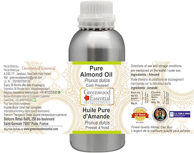 Greenwood Essential Pure Almond Oil (Prunus dulcis) Cold Pressed 300ml (10 oz)