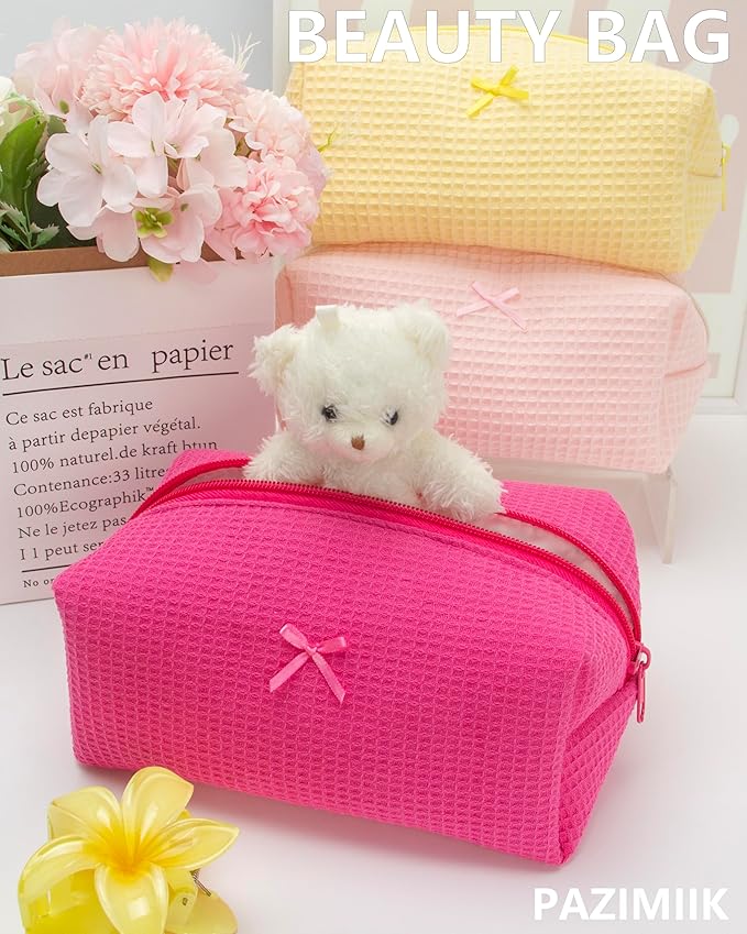 PAZIMIIK Cozy Makeup Bag Travel Cosmetic Bag for Women Soft Toiletry Bag Aesthetic Makeup Organizer Portable Large Zipper Pouch for Skincare Beauty Accessories Brushes Waffle Hotpink