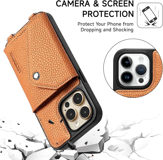 LUCKYCOIN Crossbody Wallet Phone Case for iPhone 15 Pro Max,100% Genuine Leather Wallet Phone Case with Expandable Flip Card Holder,Phone Purse for Women with Adjustable Removable Strap - Pebble Brown