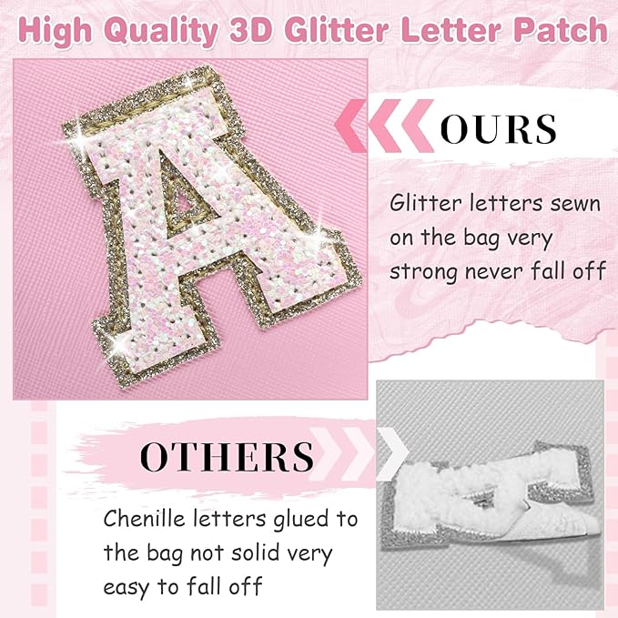 Small Personalized Initial A-Z Patch Makeup Bag,Pink Cute PU Leather Glitter Letter Cosmetic Bag for Teen Girls,Travel Toiletry Bag with Zipper,Preppy Monogrammed Birthday Gift for Daughter Niece I