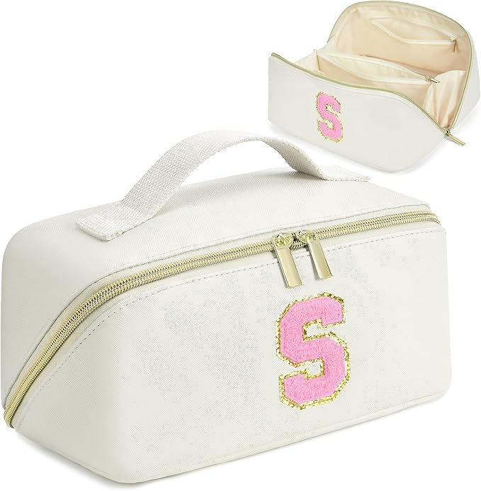 for Christmas Day Gifts, Makeup Bag for Women, PU Leather Travel Toiletry Bags, Initial Make Up Cosmetic Pouch for Teen Girls, Wide Open Portable Skincare Bag, Personalized Birthday Gifts, White S