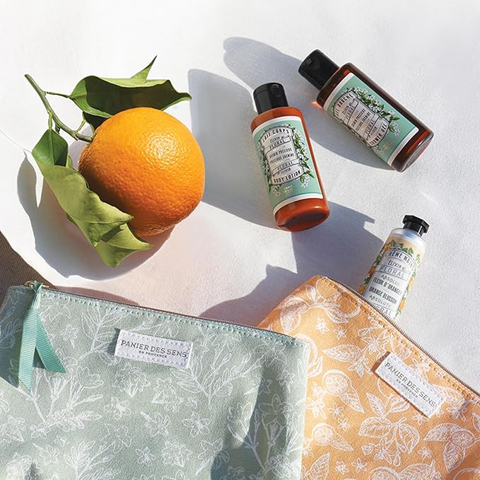 Panier des Sens - Travel Pouch Jasmine Gift Set - Shower Gel 3.3 fl oz + Body Lotion 3.3 fl oz + Hand Cream 1 fl oz - 97% Natural Ingredients - Made in France, Vegan Friendly Body Care