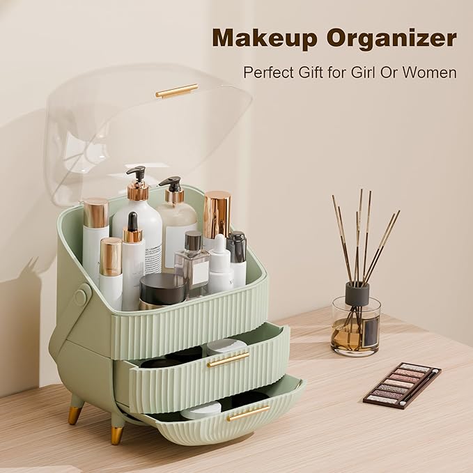 Makeup Organizers and Storage, Make up Organizer for Vanity Cosmetics Skincare Organizers With Lid and Drawers Display Cases for Countertop（Light Green）