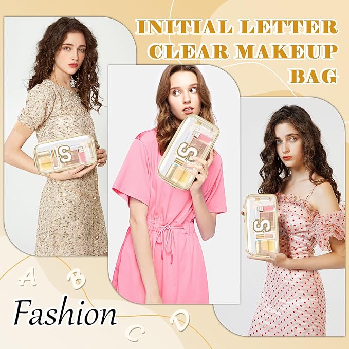 Personalized Initial Letter Clear Makeup Bag,Preppy Small Nylon&PVC Cosmetic Zipper Bag with Chenille Letter,Portable Beach Travel Skincare Toiletry Bag,Trendy Monogram Gift for Teen Girls Women,S
