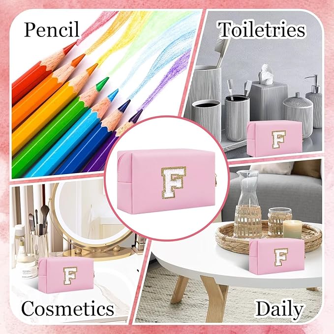 Small Personalized Letter Makeup Bag, Cute PU Leather Chenille Letters Cosmetic Bag Travel Makeup Pouch, Preppy Travel Organizer Zipper Pouch for Women&Girls（Pink-F）