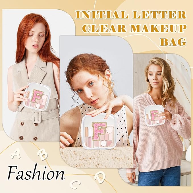 Personalized Initial Letter Clear Preppy Makeup Bag,Mini Nylon Chenille Letter Cosmetic Bag Cute Zipper Pouch Purse for Teen Girls,Portable TSA Approved Beach Travel Essentials Bag Gift for Women,F