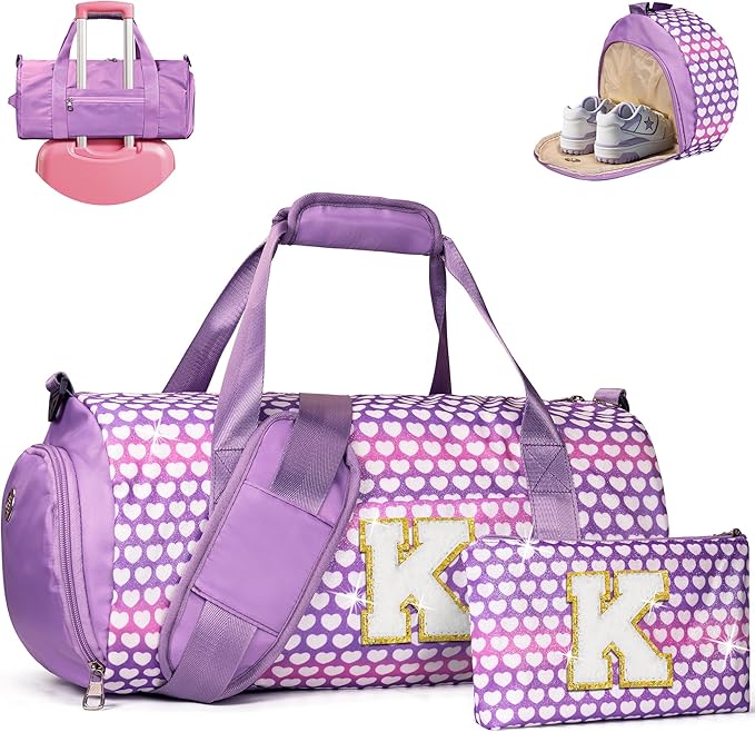 9 Year Old Girl Birthday Gifts, Girls Travel Duffel Bag, Kids Initial Overnight Bags with Shoe Compartment, Personalized Gym Ballet Dance Bag with Makeup Pouch, Gift for Grandkids (Letter K)