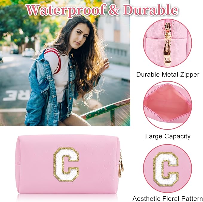 Personalized Initial Letter Patch Makeup Bag, Preppy Portable Chenille Letter Cosmetic Bag with Zipper, PU Leather Waterproof Travel Toiletry Bag Monogram Make Up Pouch for Women Girls