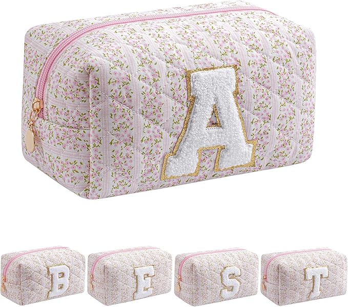 JOVAKIT Makeup Bag Cosmetic Bags for Women, Christmas Gifts for Girls Age 6-18, Alphabet Pink Floral Coquette Zipper Travel Makeup Pouch, Organizer Case Trendy Stuff (Pink Floral A)