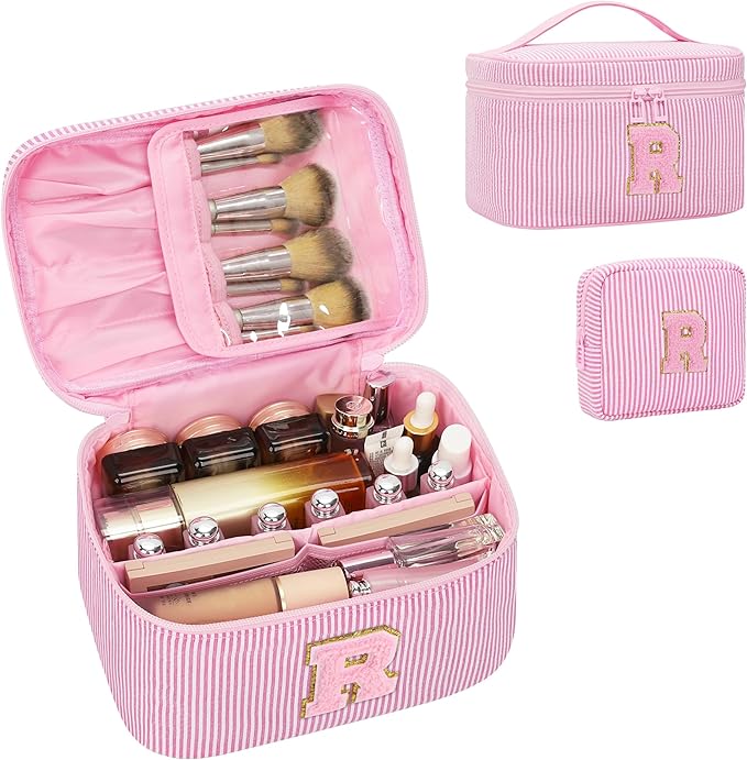Initial Makeup Bag - Personalized Monogram Cute Makeup Bags,Make Up Case for Women Her Best Friend Friendship Sister Teacher,Birthday Gifts for Women,Girls Makeup Toiletry Bag Pouch,Pink R