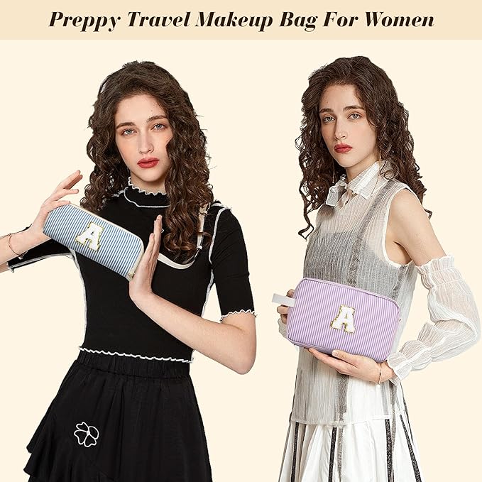 Travel Makeup Bag Christmas Gifts for Women Girl Teens, Personalized Initial Makeup Bag for Cute Teen Girls, Preppy Stuff Toiletry Bag Cosmetic Bag, Teen Girls Gift Trendy Stuff, Letter W