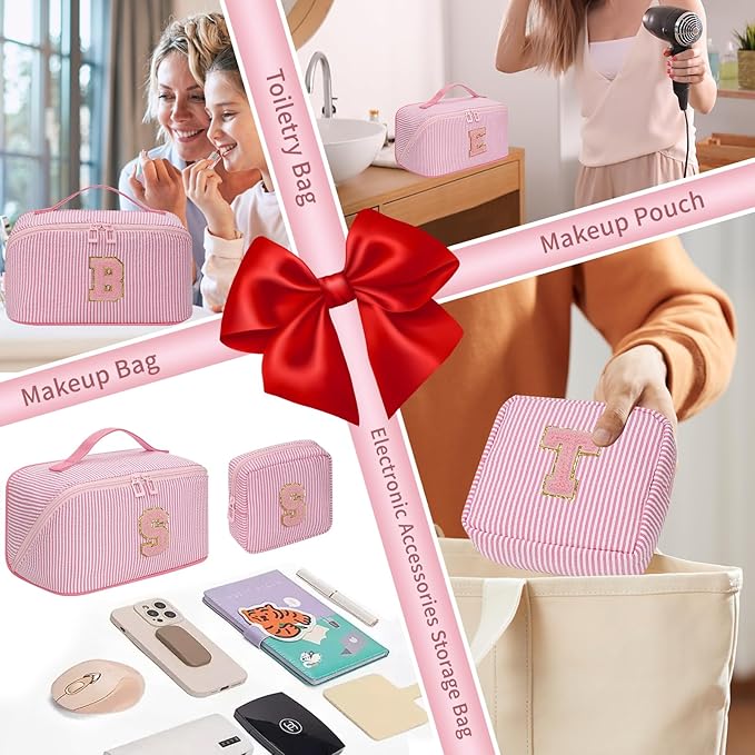 Travel Makeup Bag for Women, 2Pcs Portable Personalized Initial Makeup Organizer Bag, Open Flat Large Cosmetic Bag With Travel Essential Pouch (Pink Letter G)