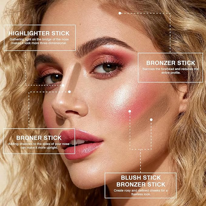 3Pcs Cream Contour Sticks, Shades with Highlighter & Bronzer & Blush, Makeup Kit for Sculpt the Cheeks Long Lasting Dewy & Matte Finish Lightweight Face Contouring Pen LIGHT MEDIUM (SET-C)