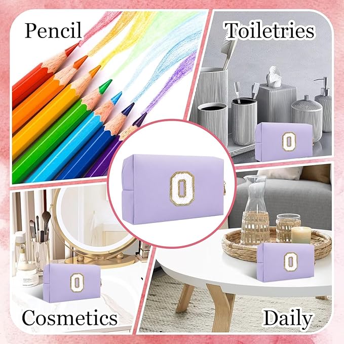 Small Personalized Letter Makeup Bag, Cute PU Leather Chenille Letters Cosmetic Bag Travel Makeup Pouch, Preppy Travel Organizer Zipper Pouch for Women&Girls（Purple-O）