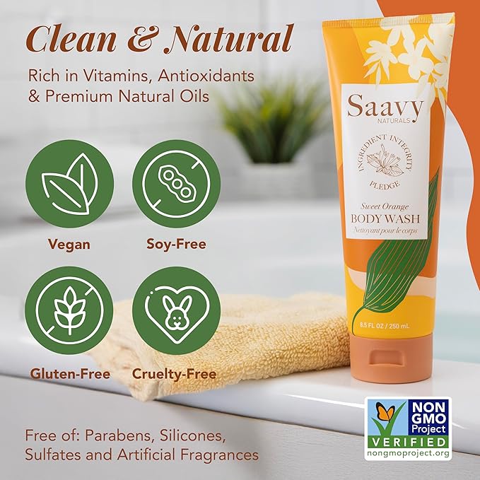 Saavy Naturals Body Wash Sweet Orange Plant-Based Ingredients| Made In USA | Sensitive Skin Body Wash, l Organic & Vegan Formula With Coconut Oil, Shea Butter, And Aloe Vera - 8.5 Fl Oz