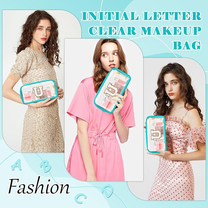 Personalized Initial Letter Clear Makeup Bag,Preppy Small Nylon&PVC Cosmetic Zipper Bag with Chenille Letter,Portable Beach Travel Skincare Toiletry Bag,Trendy Monogram Gift for Teen Girls Women,U