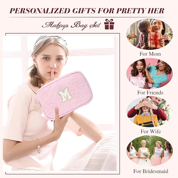 2PCS Makeup Bag with Initials, Christmas Day Gifts for Teen Girls Trendy Stuff, Personalized Cosmetic Travel Bag Pouch for Granddaughter, Cute Plush Make up Bags for Birthday - Pink B