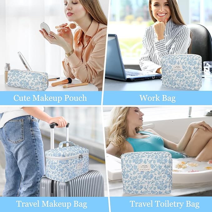 Makeup Bag Set, Quilted Makeup Bag, Large Floral Cosmetic Bag for Women, Cute Cotton Makeup Bags, Flower Travel Toiletry Organizer Bag (Purple Flower)