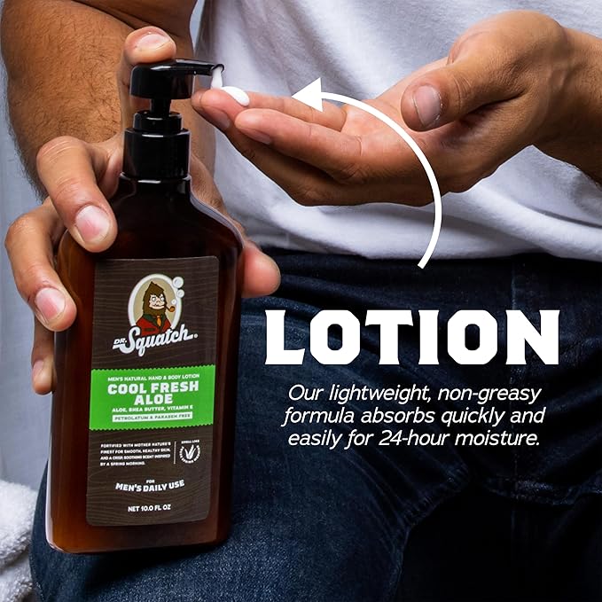 Dr. Squatch Natural Hand and Body Lotion for Men - Made with Shea Butter, Coconut Oil, Vitamin E for 24-Hr Moisturization - Cool Fresh Aloe & Fresh Falls (10 fl oz, 2-Pack)
