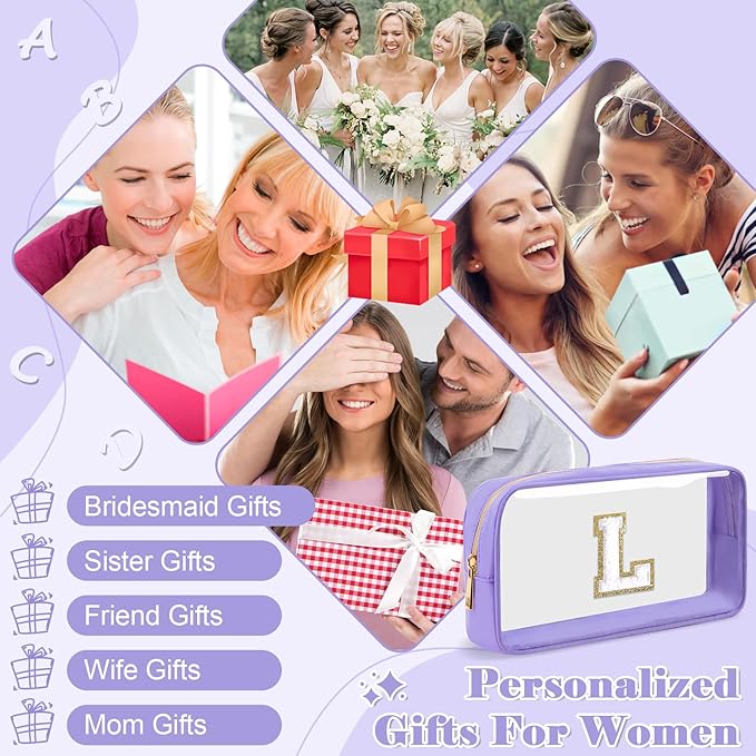 Personalized Initial Letter Clear Makeup Bag,Preppy Small Nylon&PVC Cosmetic Zipper Bag with Chenille Letter,Travel Skincare Toiletry Bag,Monogram Christmas Gift for Teen Girls Women,L