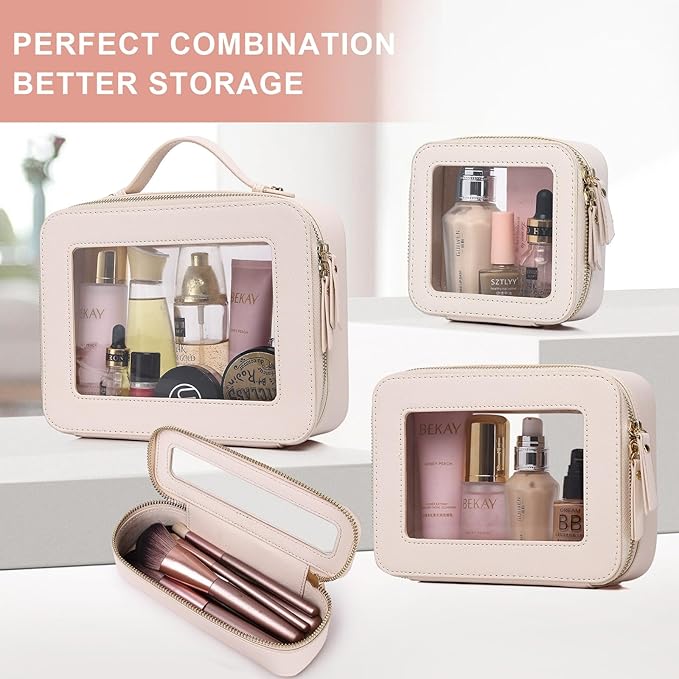 Pinkmik Clear Makeup Bag Waterproof Travel Case for Cosmetics and Toiletries Women's Purse Organizer and Clear Car Bag with Zipper (Beige, M+MINI)