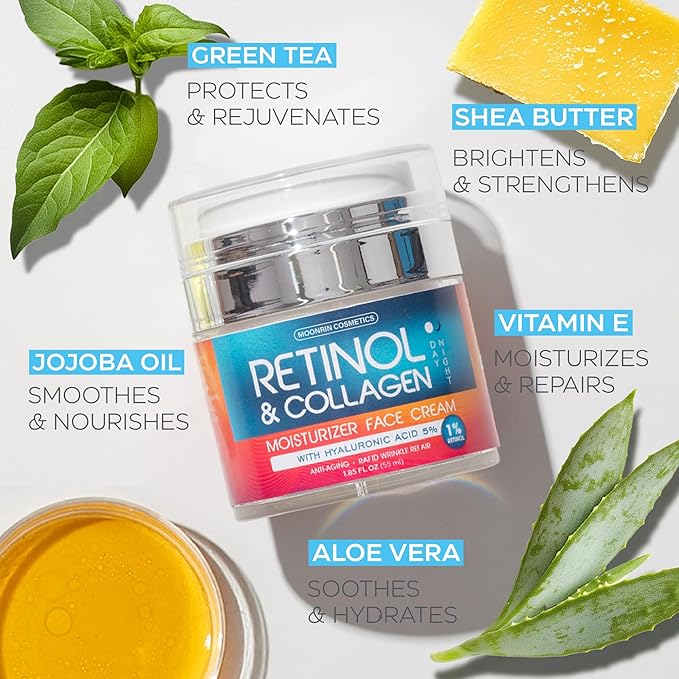 Retinol Cream for Face with Hyaluronic Acid, Day-Night Anti-Aging Moisturizer for Women, Men, Collagen Cream for Face Reduces Wrinkles, Dryness, 1.85 Oz