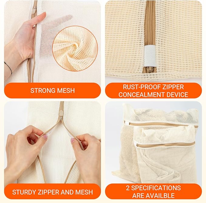 3Pcs Mesh Laundry Bags for Delicates, Durable Organic Cotton Mesh Wash Bags, Sturdy Zipper Laundry Bag for Lingerie, Clothes, Shoes, Socks, Medium