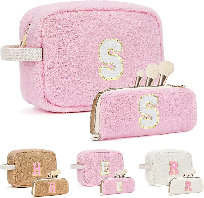 2PCS Makeup Bag with Initials, Christmas Day Gifts for Teen Girls Trendy Stuff, Personalized Cosmetic Travel Bag Pouch for Granddaughter, Cute Plush Make up Bags for Birthday - Pink S