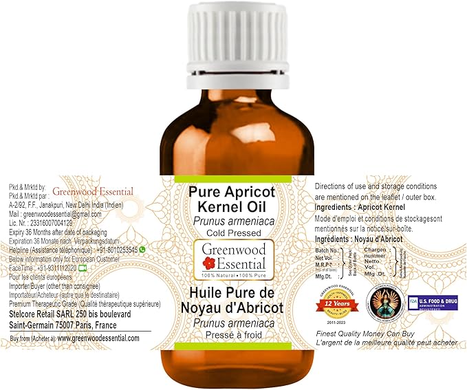 Greenwood Essential Pure Apricot Kernel Oil (Prunus armeniaca) 100% Natural Therapeutic Grade Cold Pressed for Personal Care 15ml (0.50 oz)