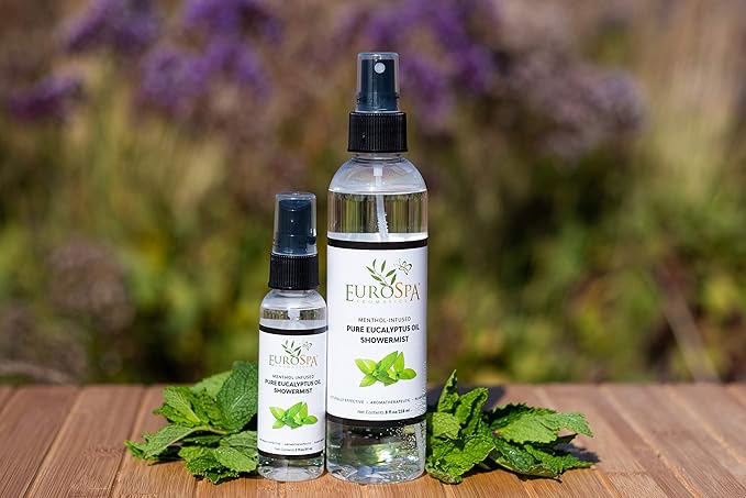 EuroSpa Aromatics Pure Eucalyptus Oil ShowerMist and Steam Room Spray, All-Natural Premium Aromatherapy Essential Oils - Menthol Infused, Duo Pack, 8oz and 2oz