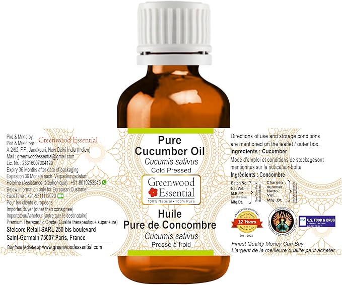 Greenwood Essential Pure Cucumber Oil (Cucumis sativus) Cold Pressed (Pack of Two) 100ml X 2 (6.76 oz)