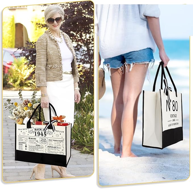 80th Birthday Gifts for Women Canvas Tote Bag Travel Gear, Unique 80 Years Old Gifts for Wife Sister Mom Aunt Friends Her, Vintage N°80 Handbag & Cosmetic Bag & Back in 1945 Poster