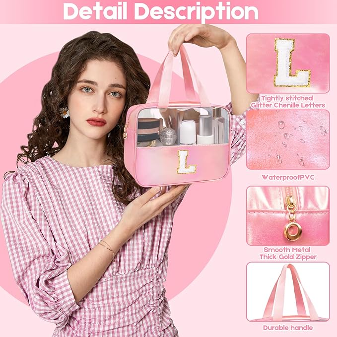 Personalized Initial Clear Makeup Bag Pink Cosmetic Bag Set Large Travel Toiletry Bag, Cute Clear Make Up Bags Organizer Bag for Girlfriend Teacher Gifts Teen Girl Gifts Trendy Stuff M (Pink)