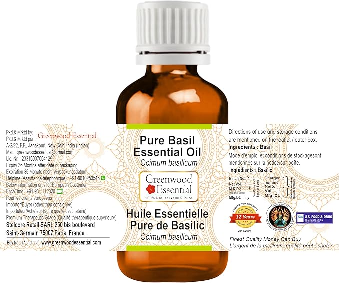 Greenwood Essential Pure Basil Essential Oil (Ocimum basilicum) Steam Distilled (Pack of Three) 100ml X 3 (10 oz)
