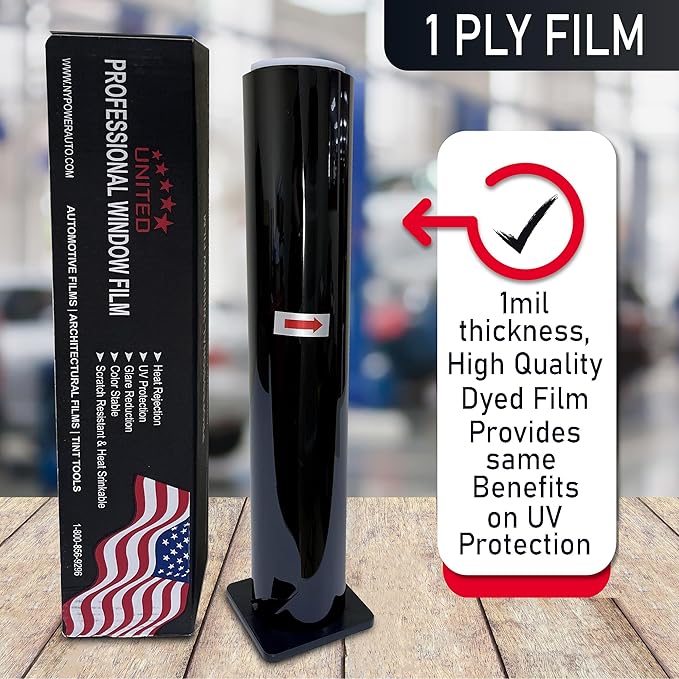United Window Tint Universal Black 20% VLT 36" in x 100'Ft Standard Dyed 1Ply Film Black Color - Privacy Window Tint for Car, Home, Blocks UV/IR Rays, Reduce Heat & Glare - Adhesive Window Film