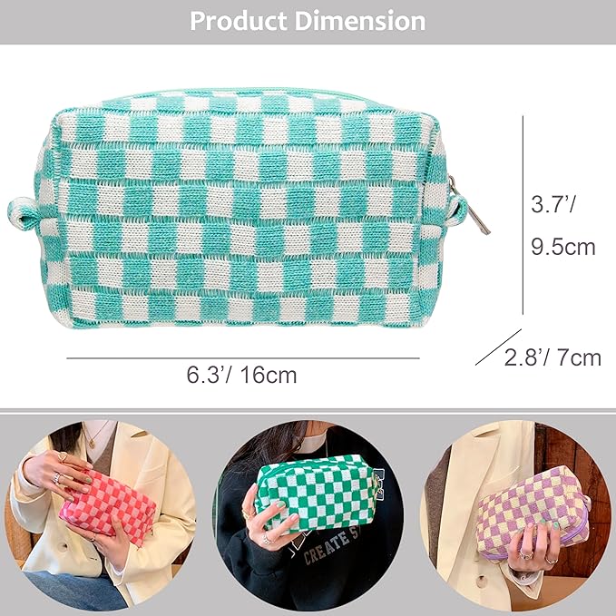 PAZIMIIK Checkered Makeup Bag for Purse Portable Zipper Make Up Pouch Small Cosmetic Case for Travel Accessories (2PCS Arctic Blue)
