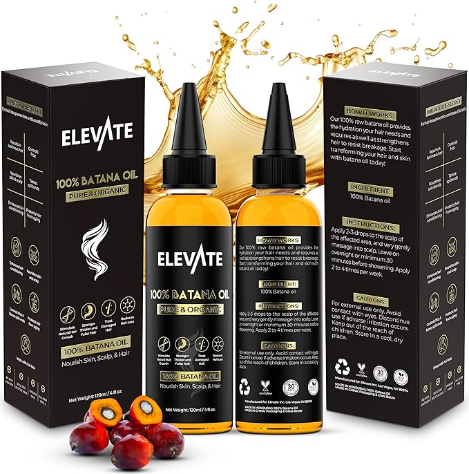 Elevate Batana Oil for Hair Growth | 100% Pure & Natural Raw Dr. Sebi Organic Oil from Honduras | Cold Pressed Chemical-Free for Thickness & Scalp Care Skin | Thicker Stronger Hair 4 Fl Oz 2 Pack