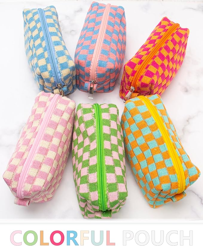 PAZIMIIK 6PCS Checkered Makeup Bag for Purse Portable Zipper Make Up Pouch Small Cosmetic Case for Travel Accessories Pink Beige