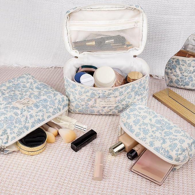 Makeup Bag Set, Quilted Makeup Bag, Large Floral Cosmetic Bag for Women, Cute Cotton Makeup Bags, Flower Travel Toiletry Organizer Bag(Plaid Floer)