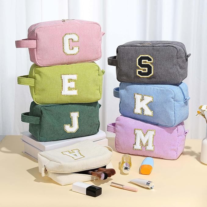 YOOLIFE Teen Girl Gifts Trendy Stuff - Girls Makeup Bag Travel Cosmetic Bag Makeup Brush Bag Toiletry Bag Monogram Makeup Bag Blue Cute Makeup Bag Wedding Bridesmaid Daughter Gifts for Women Letter R