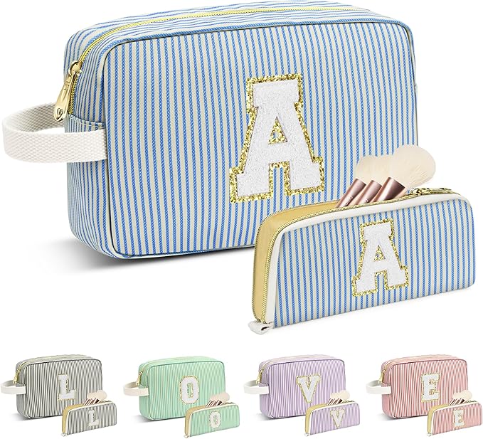 Travel Makeup Bag Christmas Gifts for Women Girl Teens, Personalized Initial Makeup Bag for Cute Teen Girls, Preppy Stuff Toiletry Bag Cosmetic Bag, Teen Girls Gift Trendy Stuff, Letter A