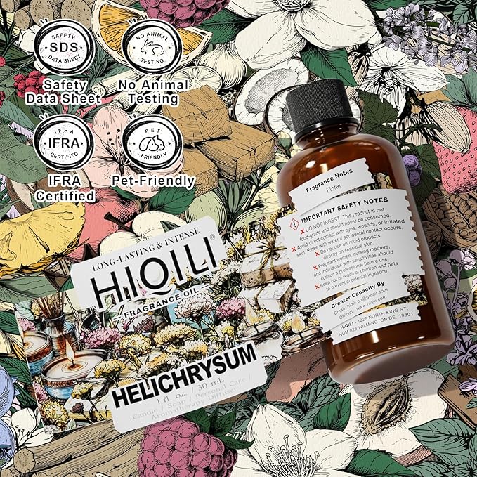 HIQILI Helichrysum Fragrance Oil for Home Diffuser, Floral Scents for Candle, Soap and Perfume Making, Blend to Body Lotion & Moisturizer - 1 Fl Oz