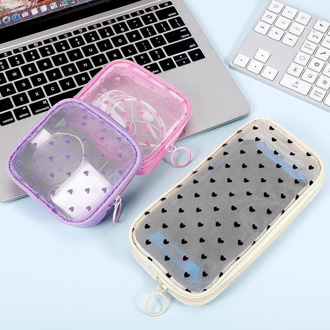 4 Pieces Mini Zipper Nylon Mesh Pouch, Mesh Cosmetic Bags Makeup Bags, Multipurpose Travel Toiletry Bags for Office Supplies and Travel Accessories (Heart Print-Purple, M)