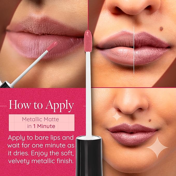 Aromi Dusty Rose Metallic Liquid Lipstick, Rosy Pink Lip Color for Women, Shimmery Finish, Long Lasting, Waterproof, Vegan (Pixie Dust)