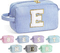 YOOLIFE Bridal Shower Gifts - Bridesmaid Bag, Bridesmaid Proposal Gifts for Wedding Day, Bride to be Gifts, Maid Matron of Honor Gift, Bachelorette Party Favors, Blue Initial Makeup Bag Cosmetic Bag E