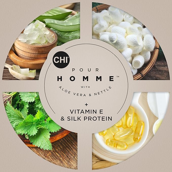CHI Pour Homme 3-in-1 Cleansing & Moisturizing Hair, Face & Body Wash for Men, Made With Aloe Vera & Nettle, Fresh, Woody Scent, Sulfate-Free, 11.5 oz