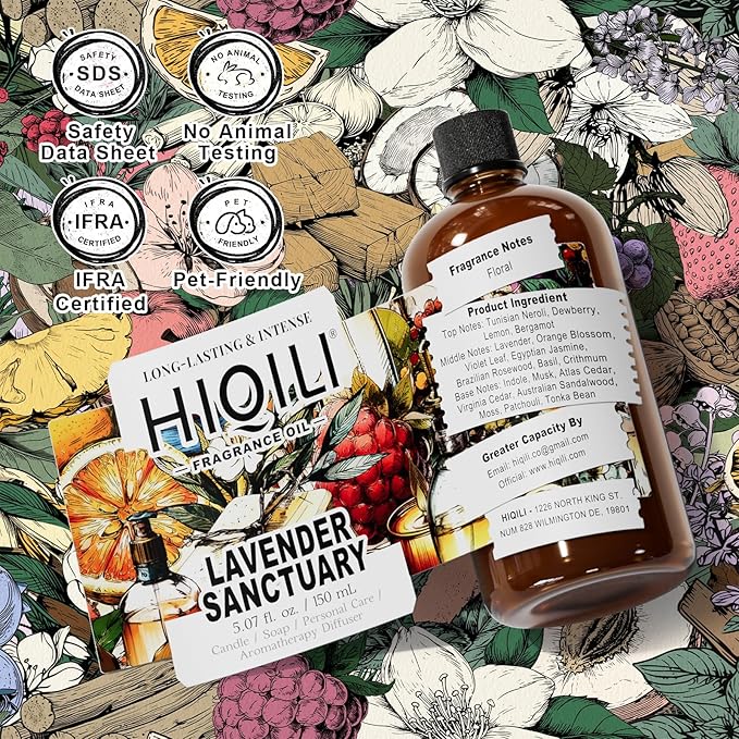 HIQILI Lavender Sanctuary Fragrance Oil for Diffuser, Candle & Soap & Perfume Making, for Hotel and Home, Essential Oil, Long-Lasting Aroma - 5.07 fl oz