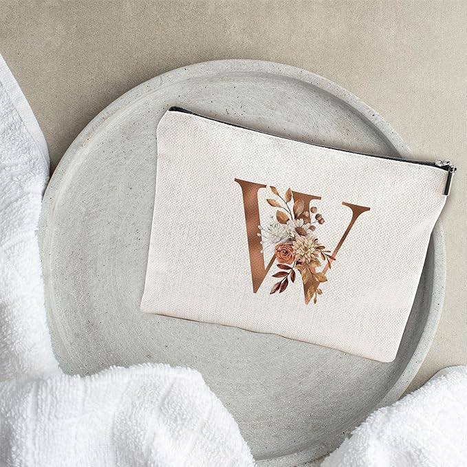 A-Z Boho Personalized Cosmetic Bag-Floral Cotton Letter Makeup Bag With Zipper-Artistic Cosmetic Bag For Travel-Bride,Birthday Gift For Women Daughter Friends-Women Makeup Organizer-A23